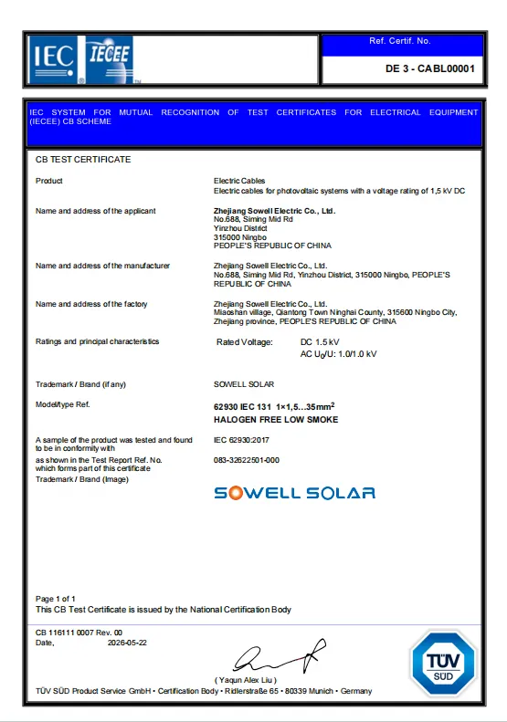 Los cables fotovoltaicos de SOWELLSOLAR reciben el reconocimiento de certificación TÜV SÜD IECEE-CB